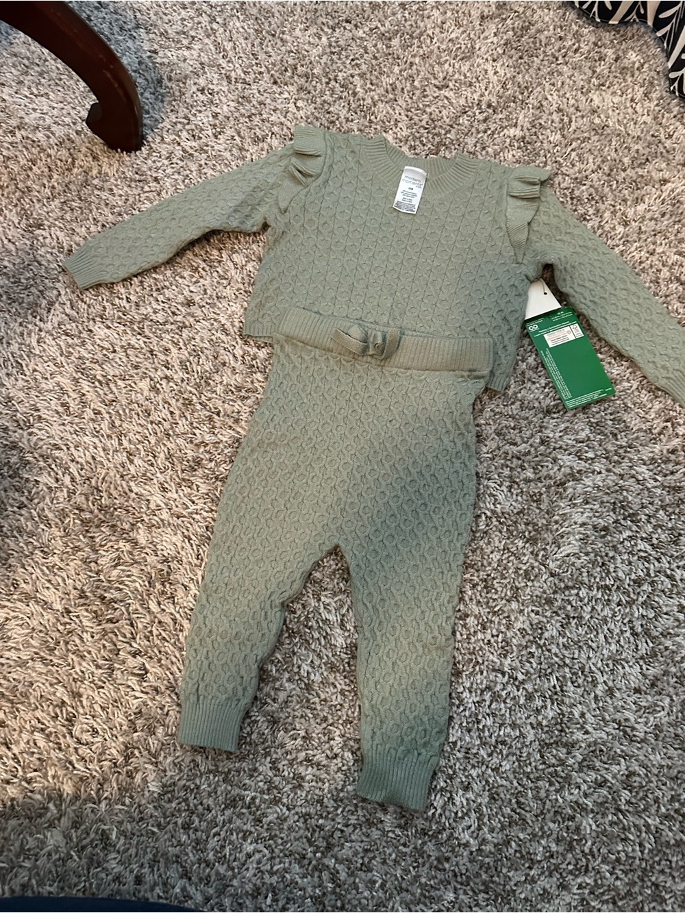 Textured Knit Ruffle Shoulder Two Piece set for girls in Sage Green